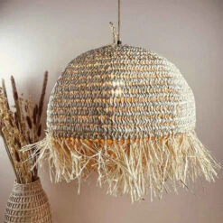 Abat-jour Coupole Pour Luminaire En Raphia Avec Franges Fait Main