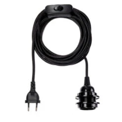 Suspension Douille E27 Pvc Noire Avec Cordon Noir Tissé Et Prise De Courant